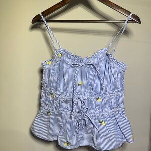 Blue and White Striped Women's Top with Yellow Lemons Size Medium NWT